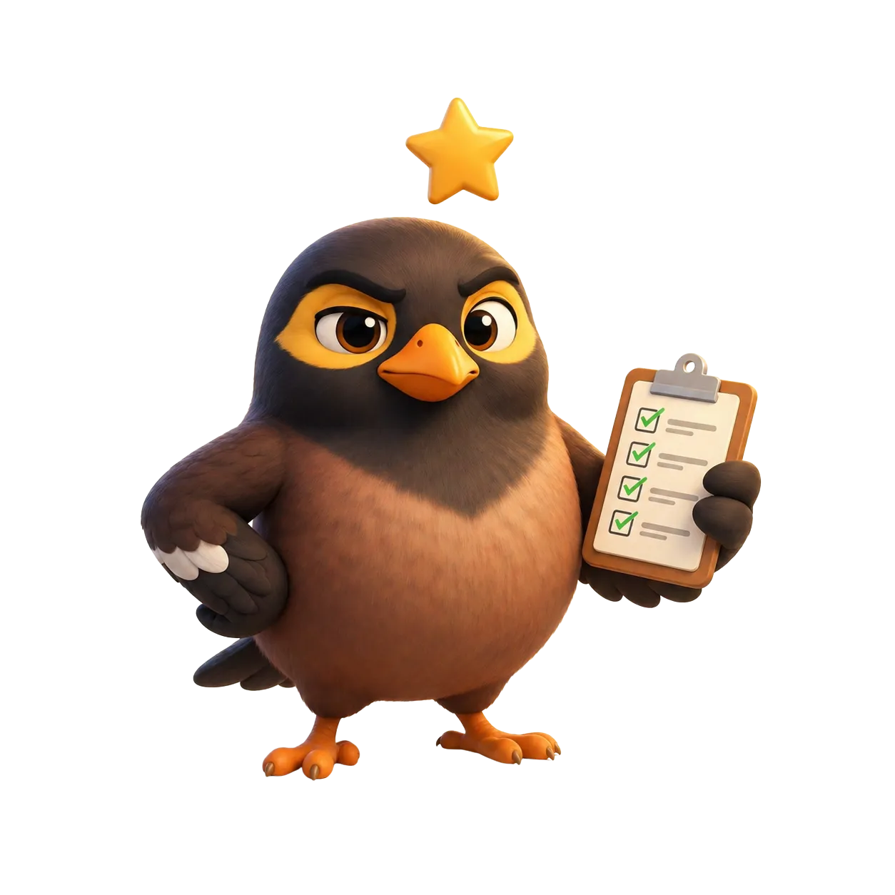 Myna bird holding a clipboard of completed chores with a gold star