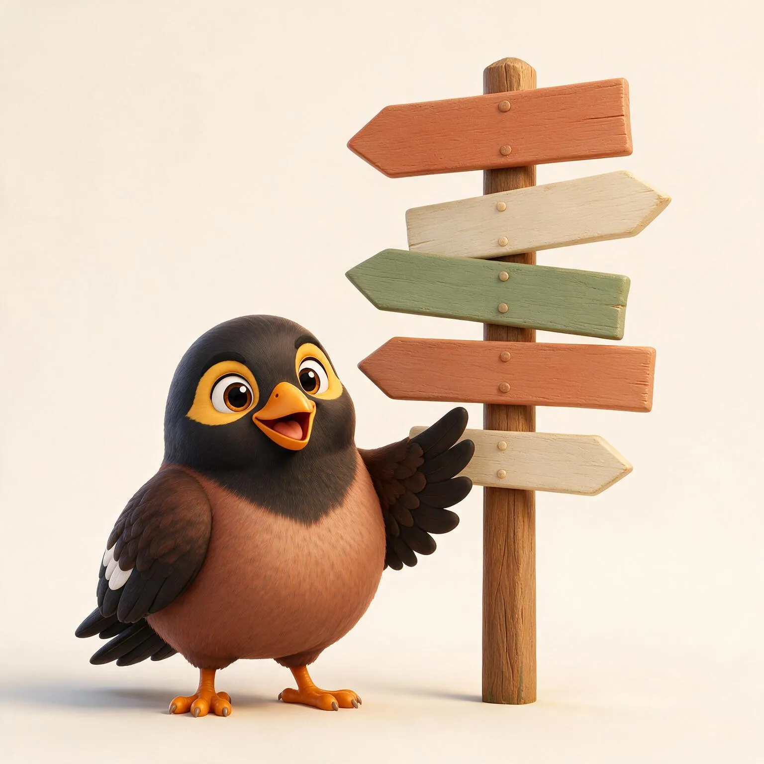 A myna bird beside a wooden signpost whose five painted arrows point in five different directions