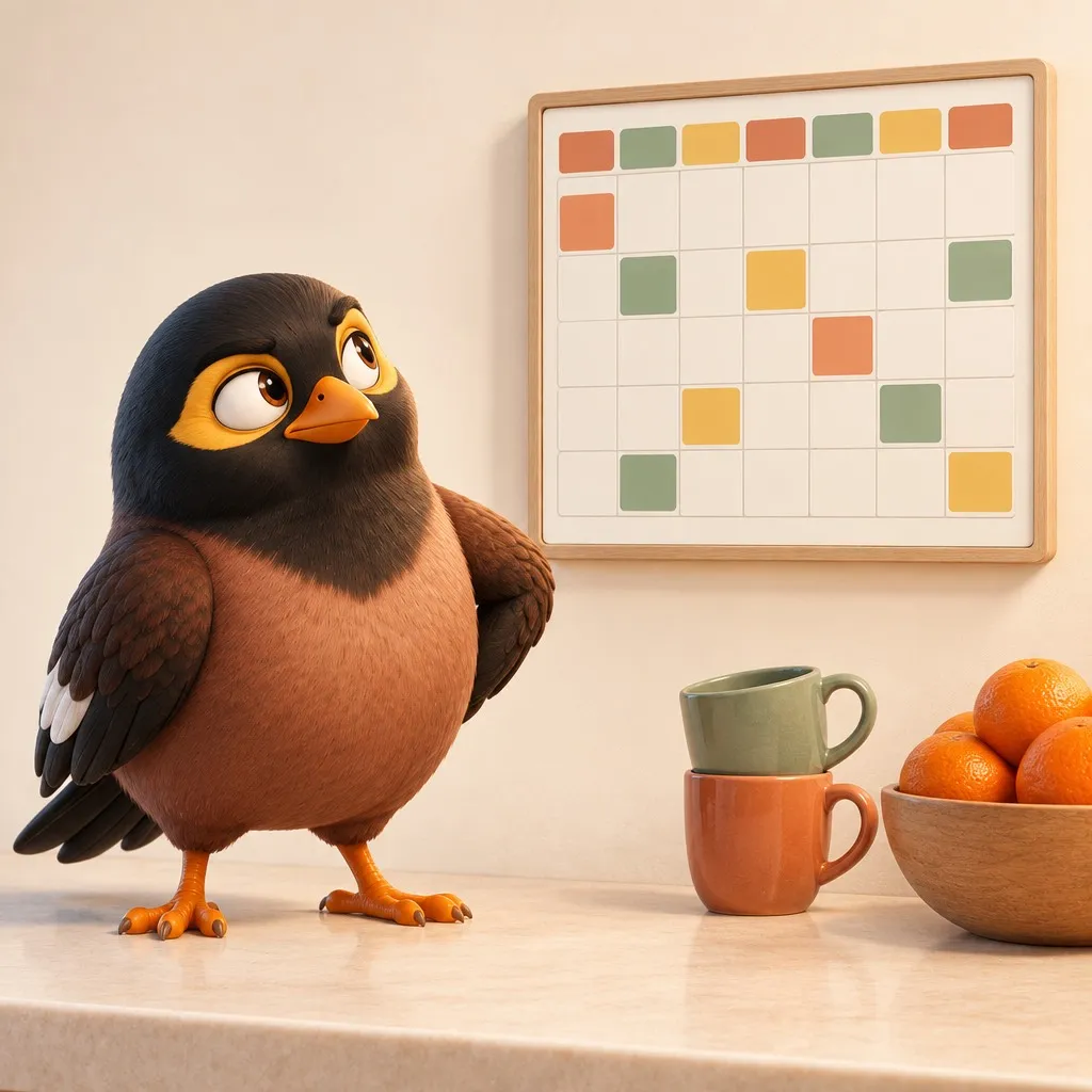 A myna perched on a kitchen counter beside a wall-mounted family calendar display, looking at it with mild suspicion
