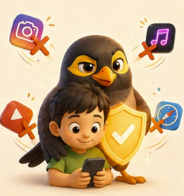 Aunty shielding a child from crossed-out social-media apps