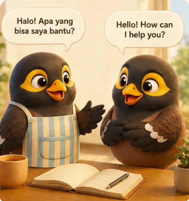 Two Mynas chatting in English and Bahasa across a notebook
