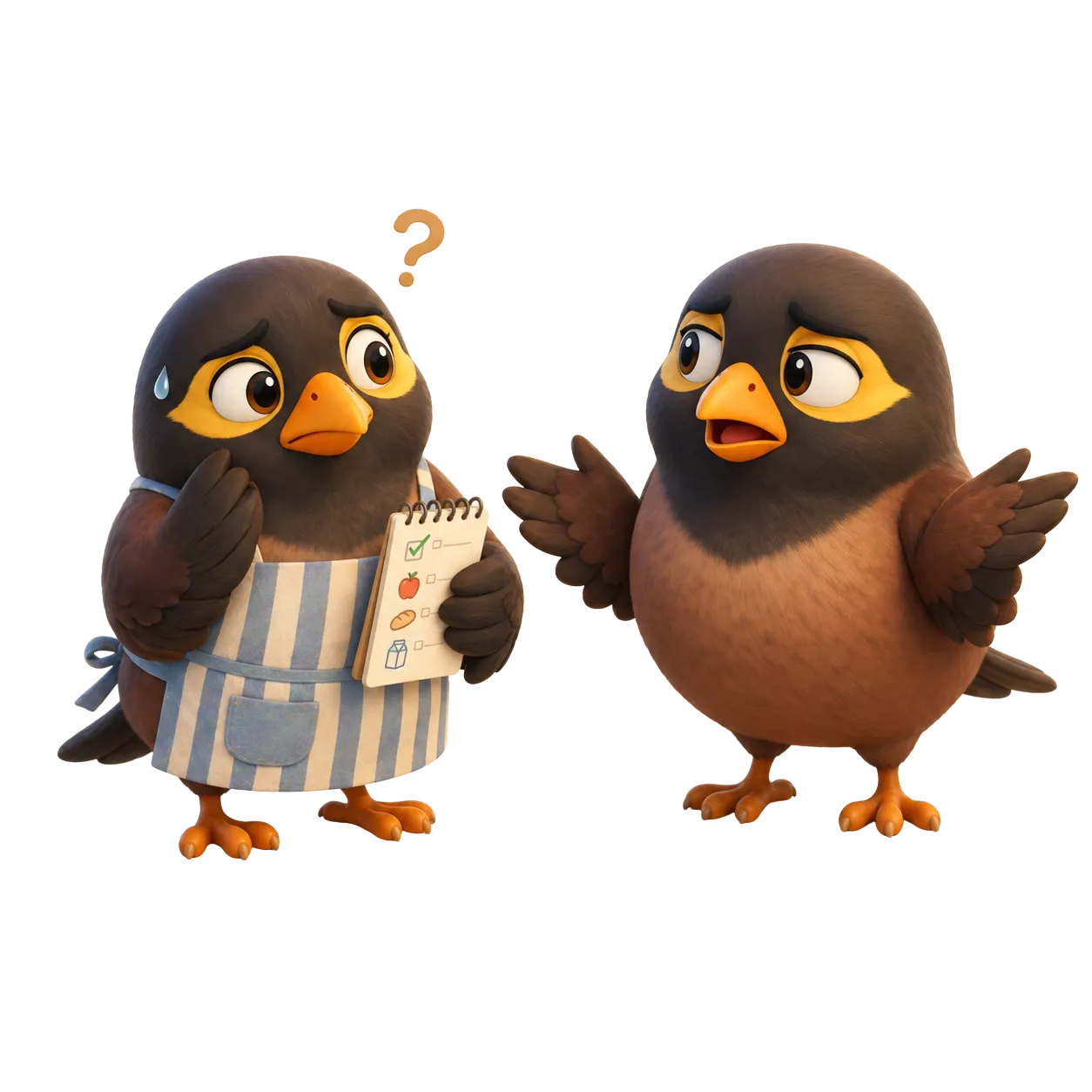Two confused Myna birds, one in apron with a checklist