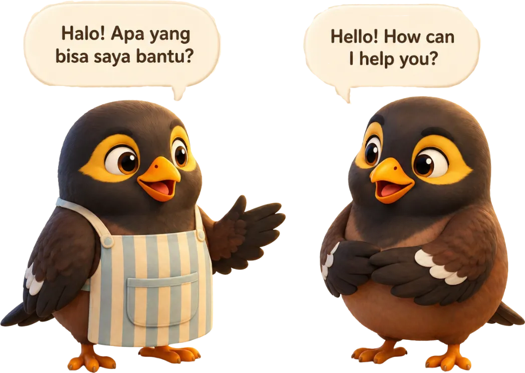 A helper Myna in apron and a parent Myna chatting — 'Halo! Apa yang bisa saya bantu?' / 'Hello! How can I help you?'