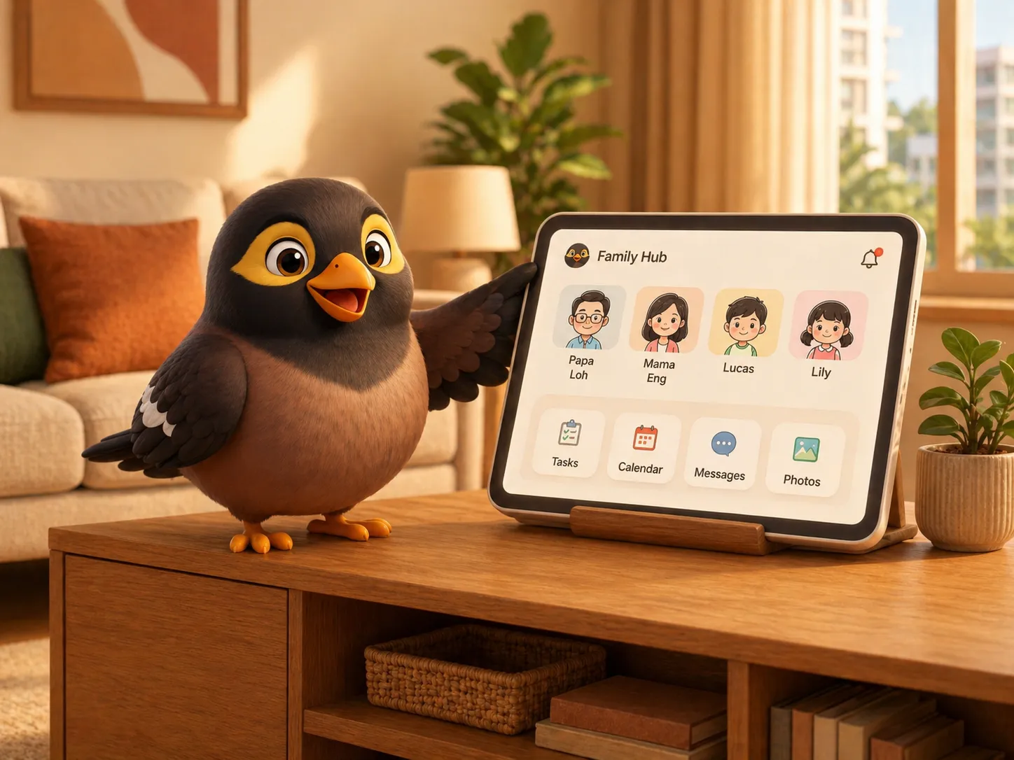 A family living room with the myna hub on the side table, showing the family faces and the day, while a myna bird perches beside it