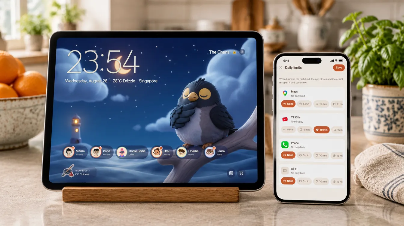 A tablet on a kitchen counter showing the myna family hub at night, the household's faces along the bottom, beside a phone showing per-app daily time limits