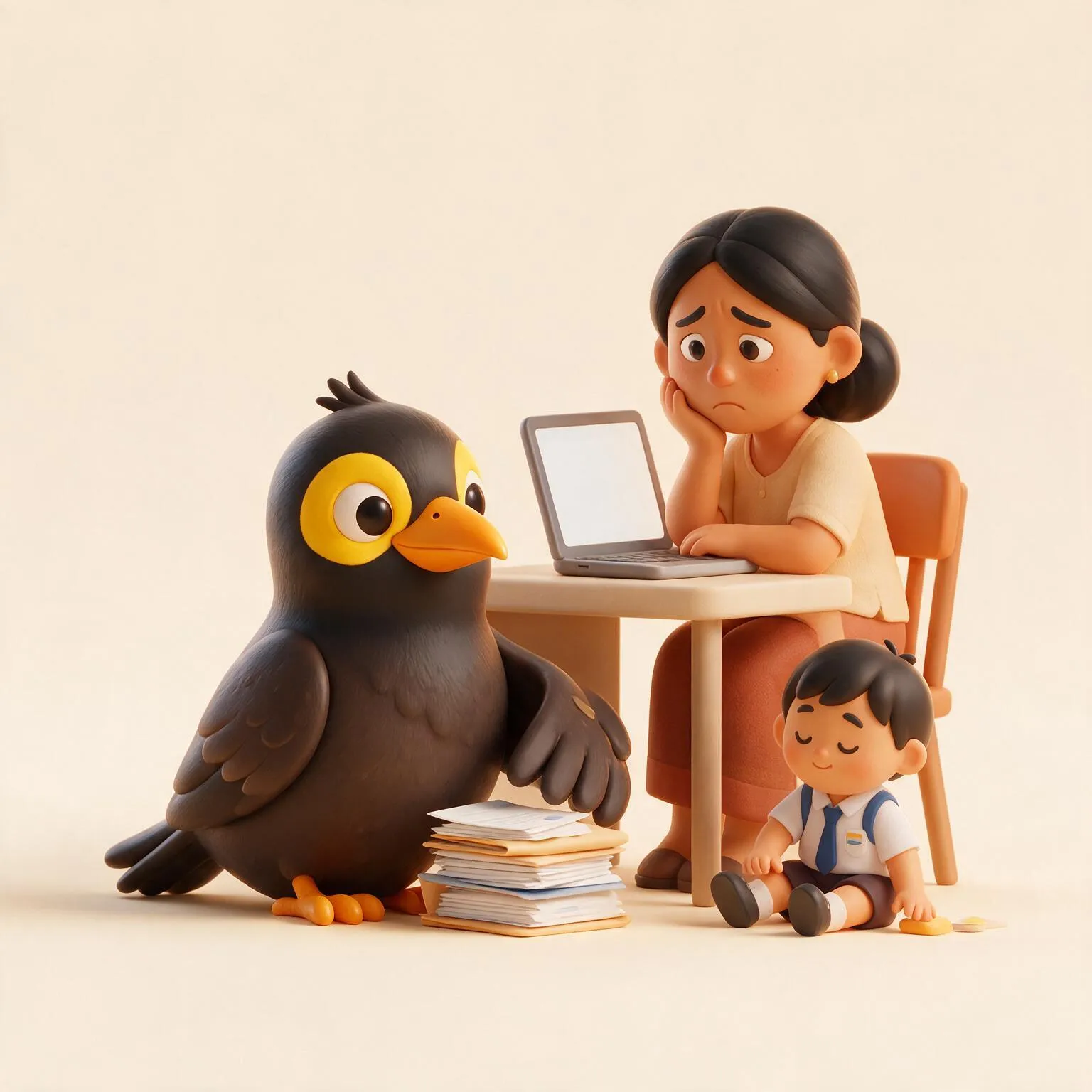 A myna at a laptop showing a Singapore street map with a 1km circle drawn around a primary school