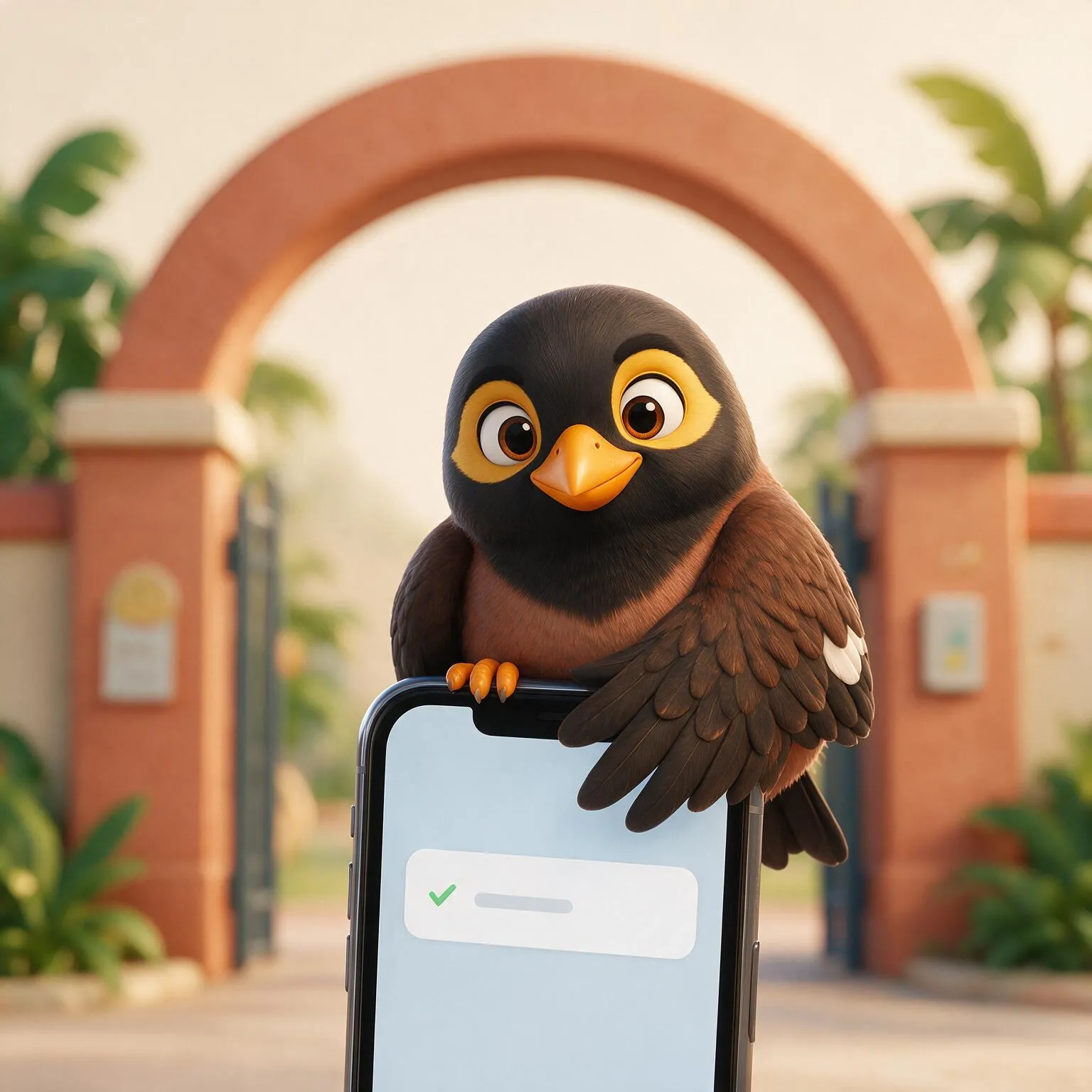 A myna perched on the edge of a phone screen showing a P1 registration results notification, with a primary school gate out of focus behind it