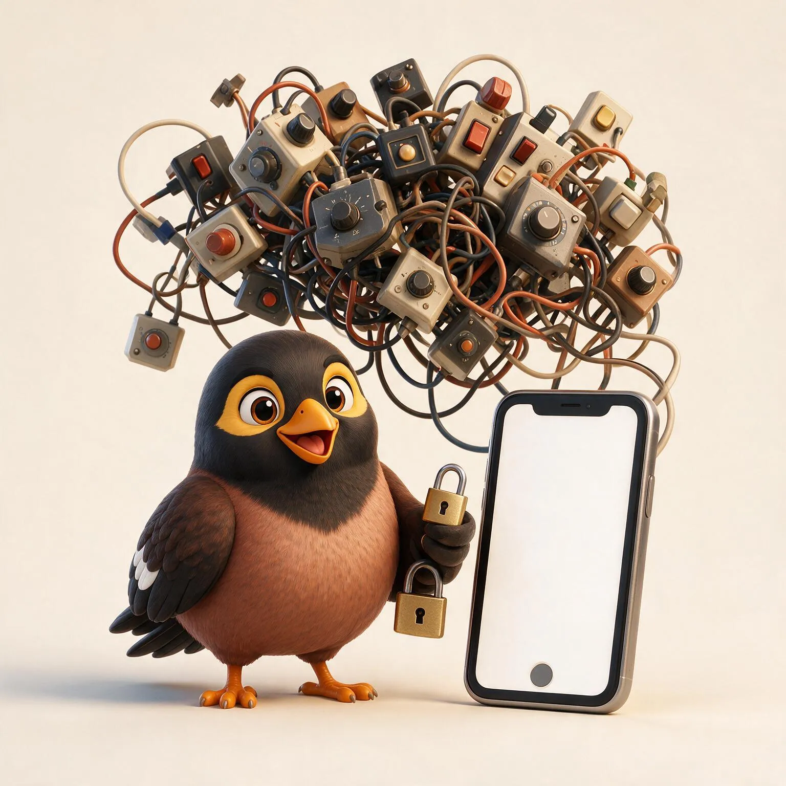A myna bird calmly holding a small padlock beside a child's phone, with a jumble of tangled control switches behind them