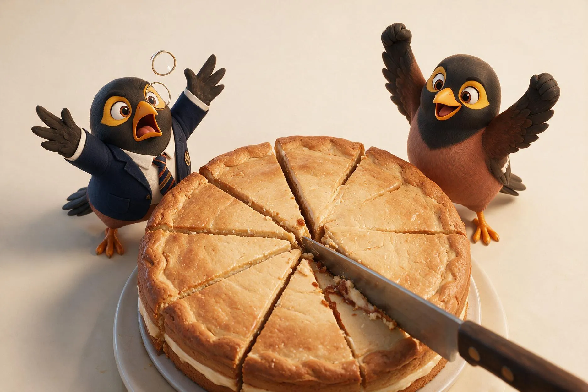 A myna in a school blazer reacting with horror as a cake is re-cut, while a second myna cheers