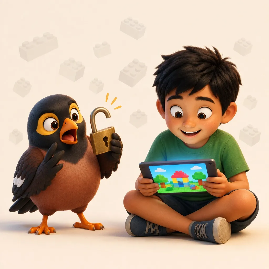The myna staring in alarm at a brass padlock that has sprung open by itself, while a boy beside it plays on a tablet, entirely oblivious