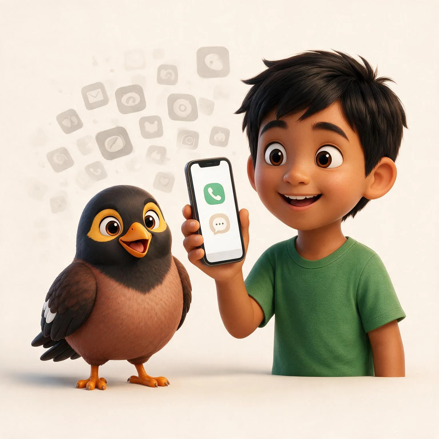 A child's hand holding a phone showing only a family call screen, with app icons fading away behind it
