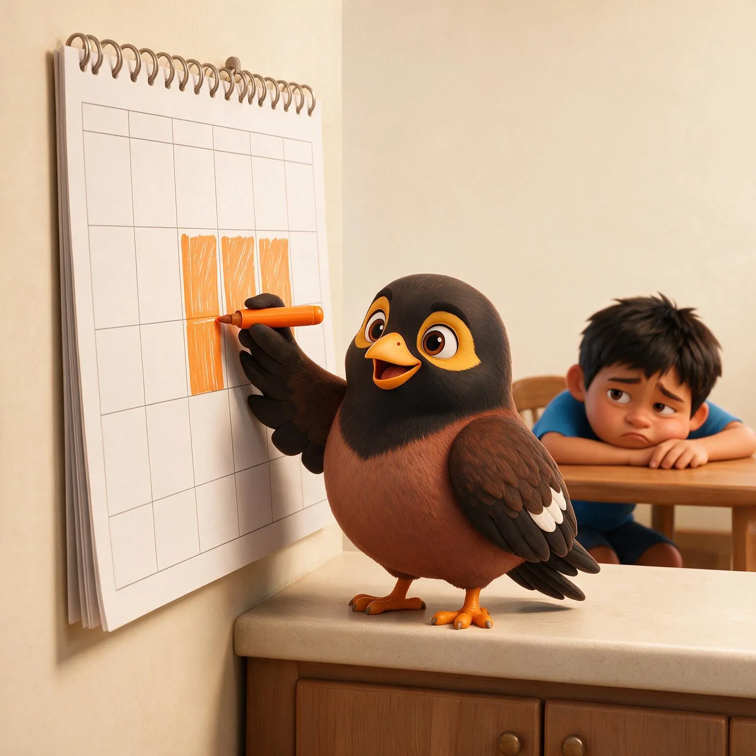 Aunty at a kitchen counter marking up a wall calendar of school holiday weeks while a bored child slumps at the table behind her