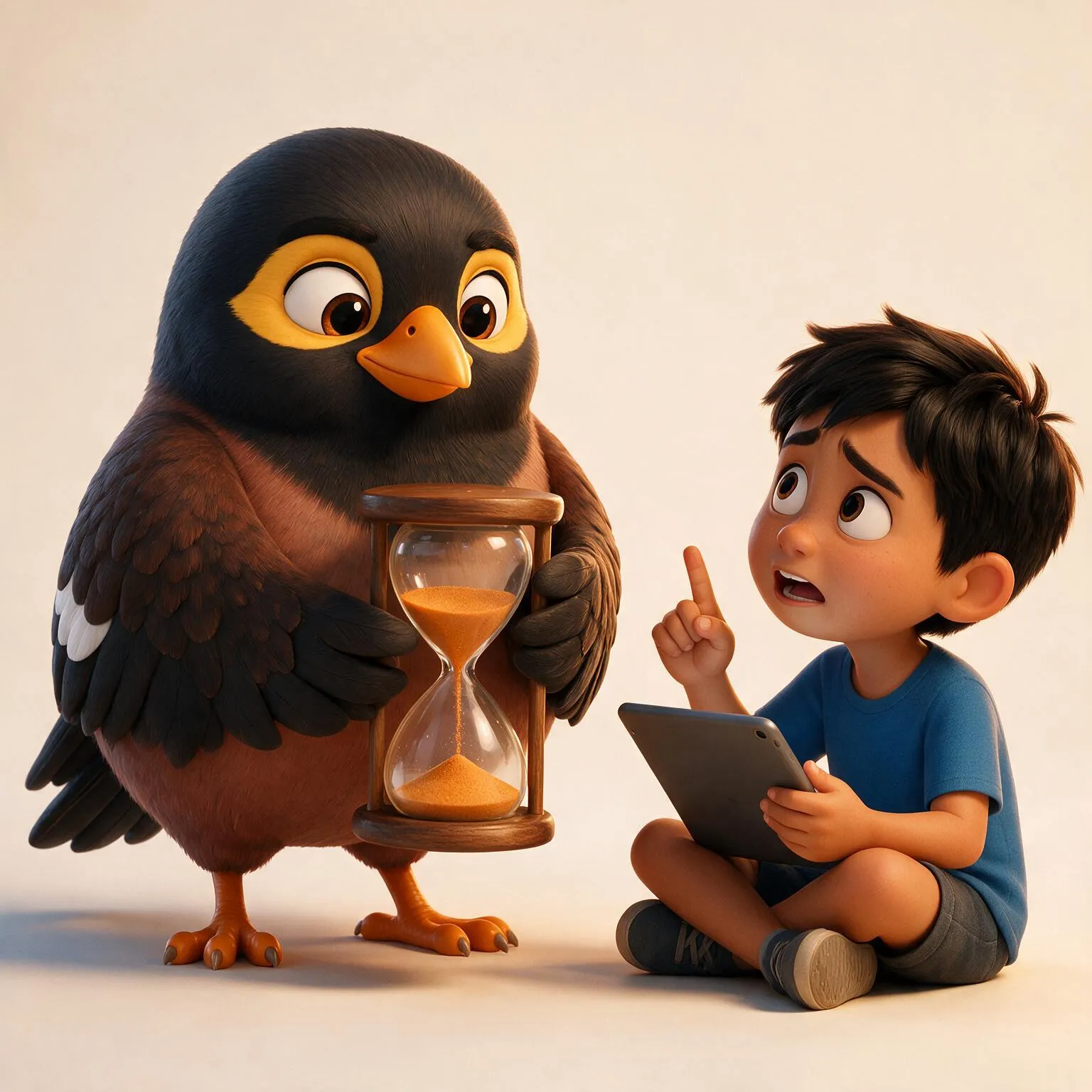 A myna holding an hourglass while a child asks for one more episode