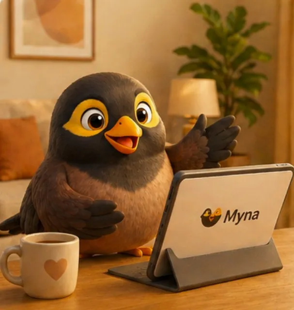 Aunty the Myna at a tablet labelled Myna, with a coffee mug